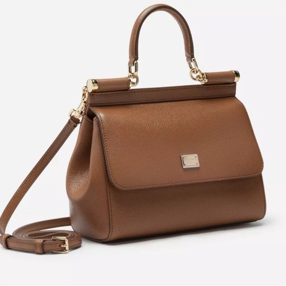 DOLCE & Gabbana Sicily Dauphine Leather Crossbody Top Handle Purse Bag Caramello - Picture 5 of 16